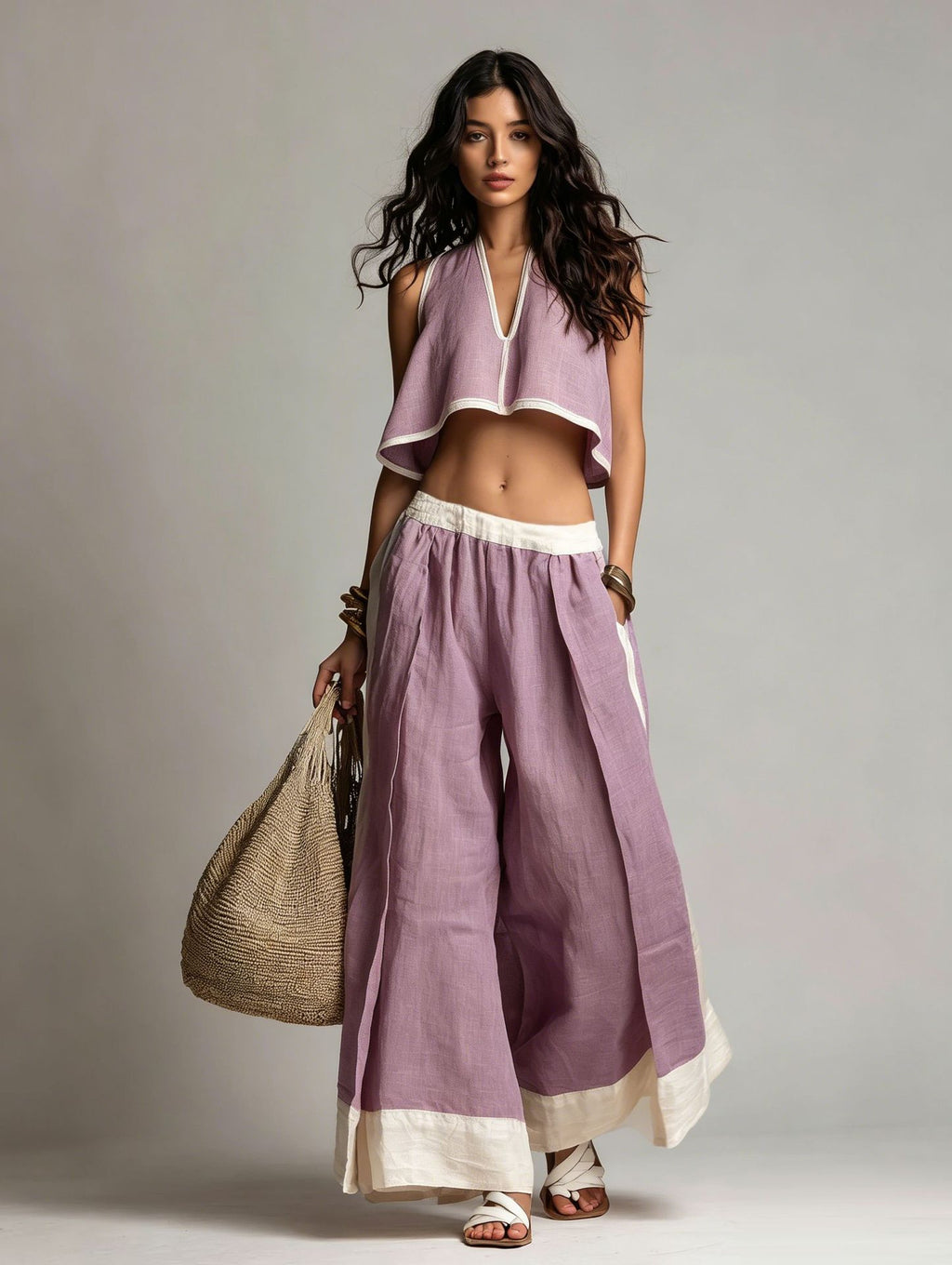 FitiqueFit sleeveless V-neck two-piece casual set in solid color, perfect for lounge and relaxed wear.
