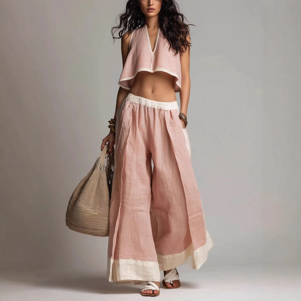 FitiqueFit sleeveless V-neck two-piece casual outfit in solid color, ideal for lounging and casual wear.