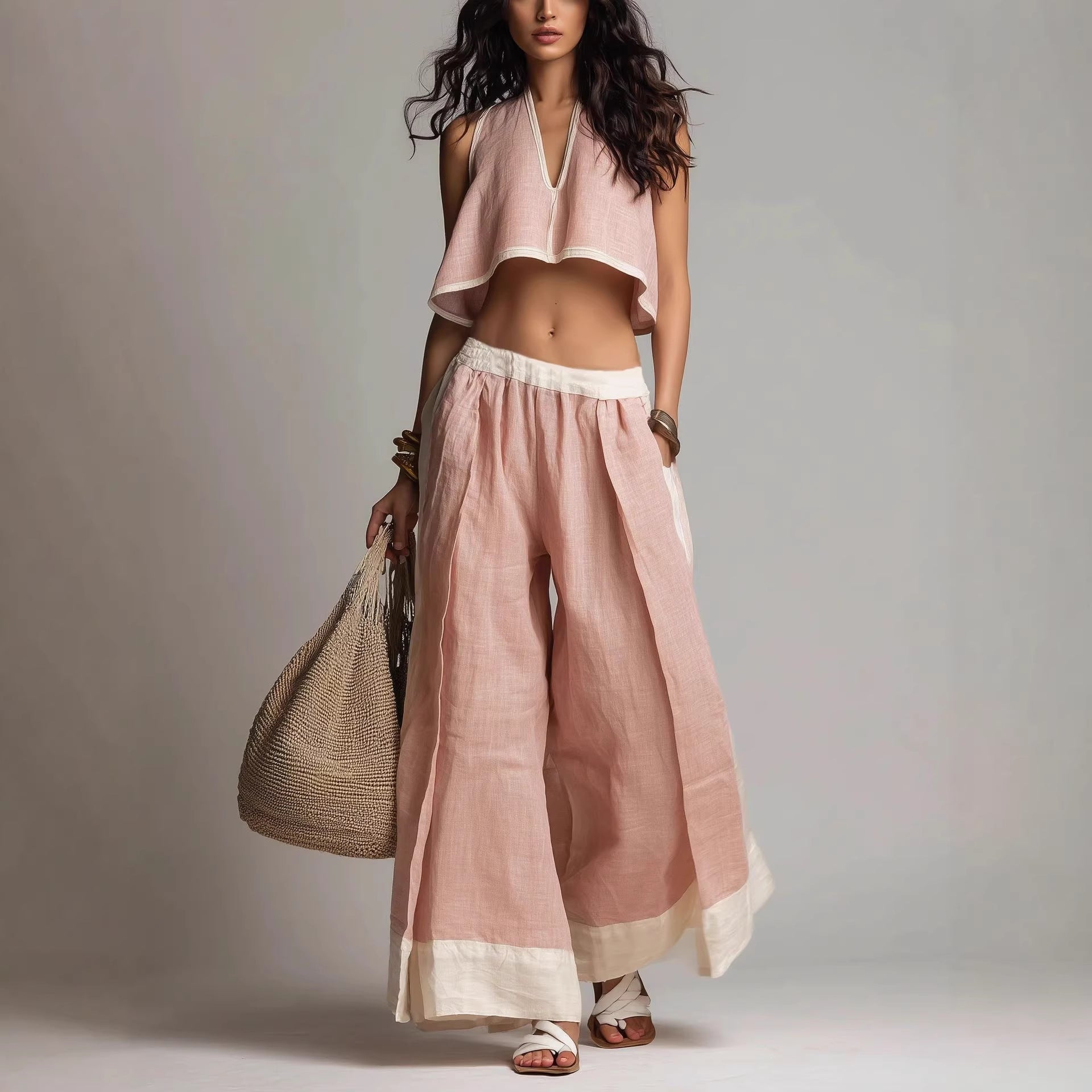 FitiqueFit sleeveless V-neck two-piece casual outfit in solid color, ideal for lounging and casual wear.