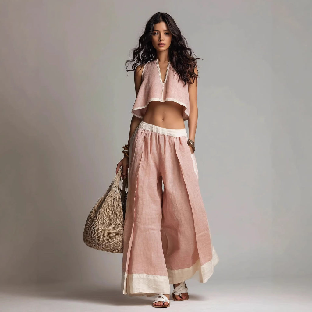 FitiqueFit sleeveless V-neck two-piece casual outfit in solid color, perfect for lounge and relaxed everyday wear.