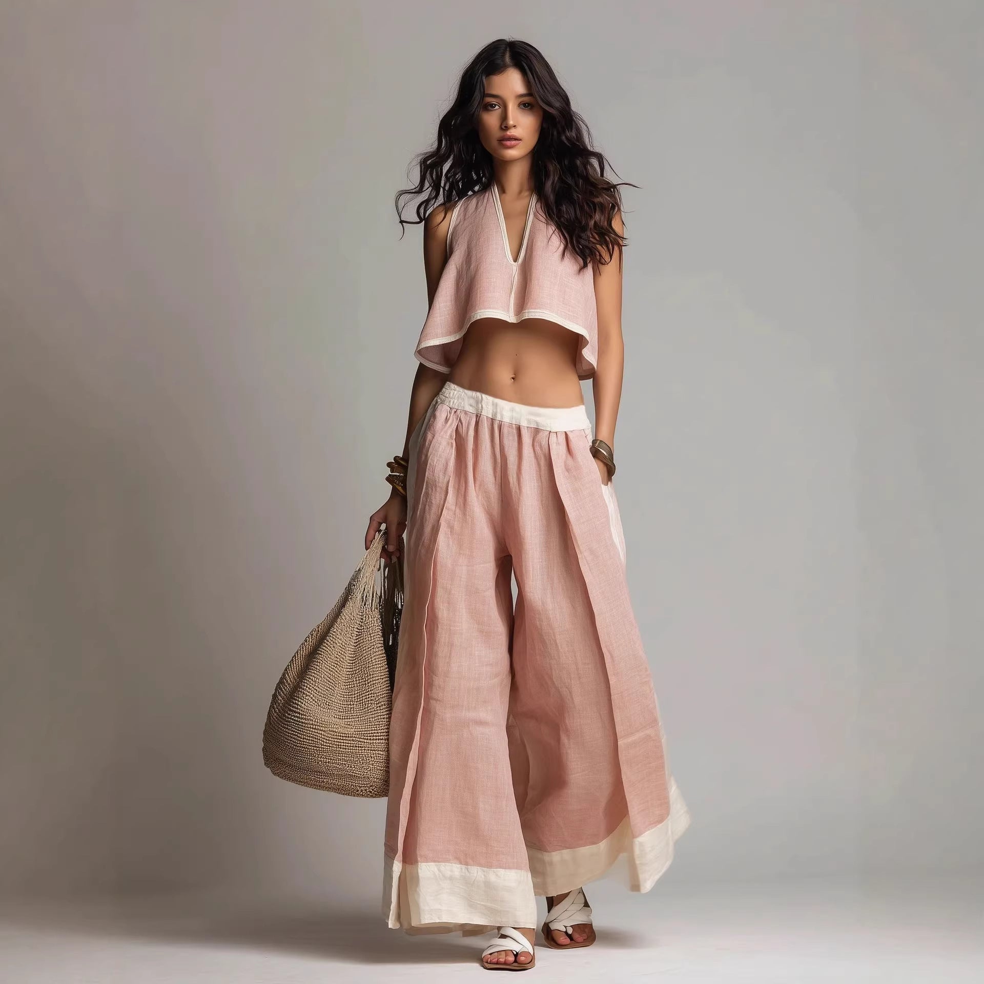 FitiqueFit sleeveless V-neck two-piece casual set in solid color, perfect for lounge and casual wear.
