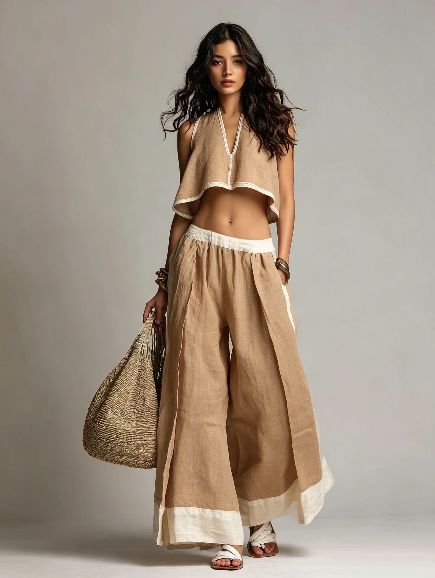 FitiqueFit sleeveless V-neck two-piece set in solid color, casual lounge and outfit for relaxed, stylish wear.
