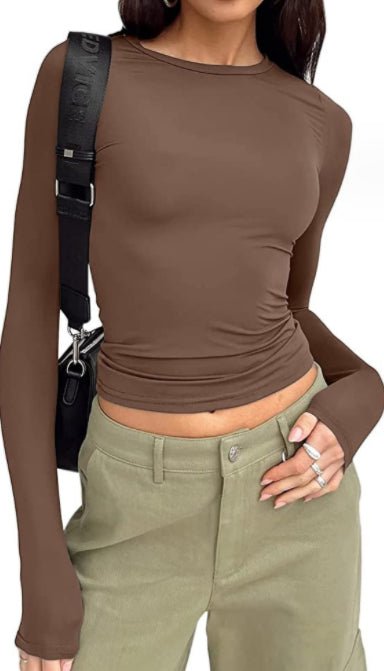 Slim fit long sleeve casual crop top for women by FitiqueFit, shown in a relaxed style perfect for everyday wear.