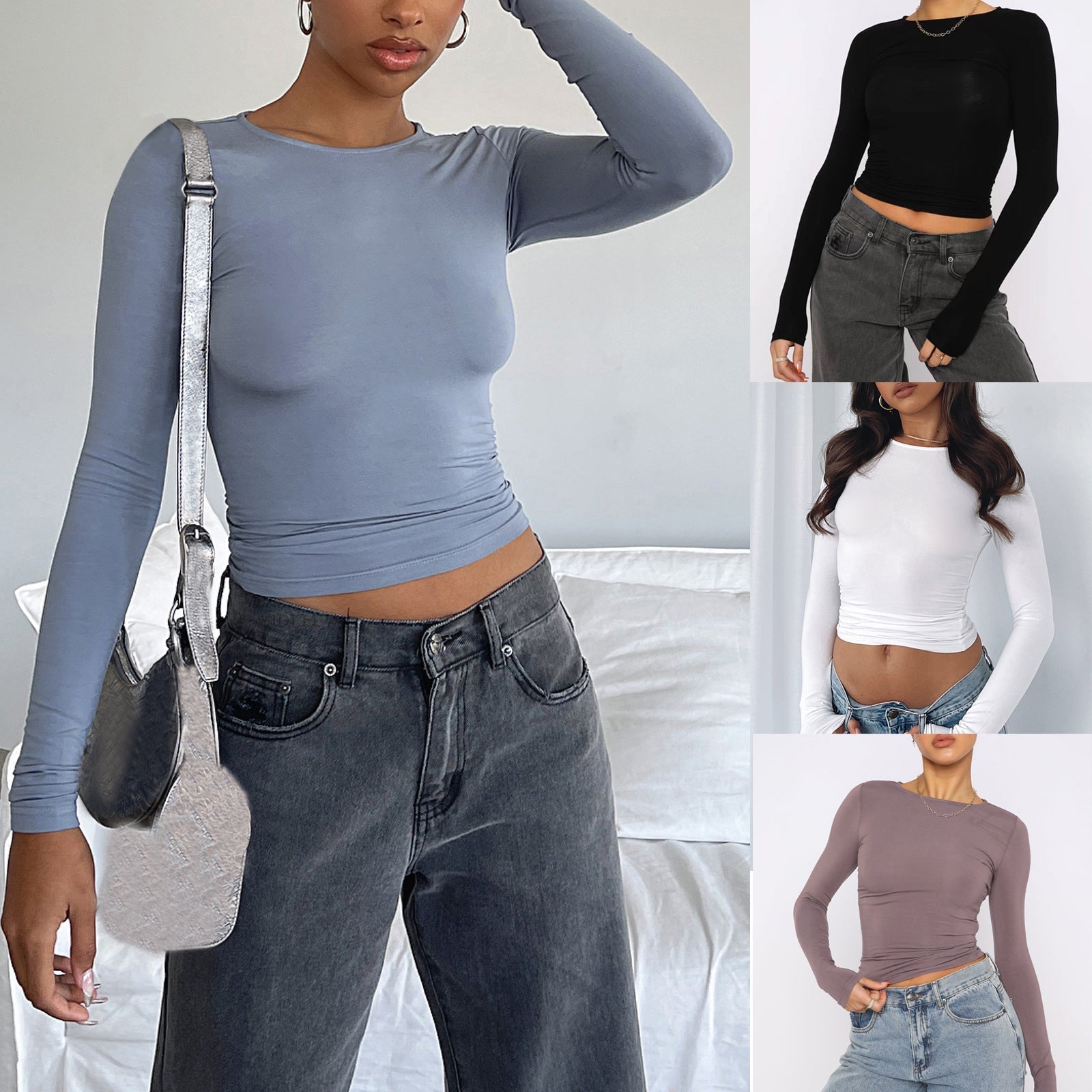 Women's slim fit long sleeve casual shirt by FitiqueFit, featuring a cropped design and comfortable fit.