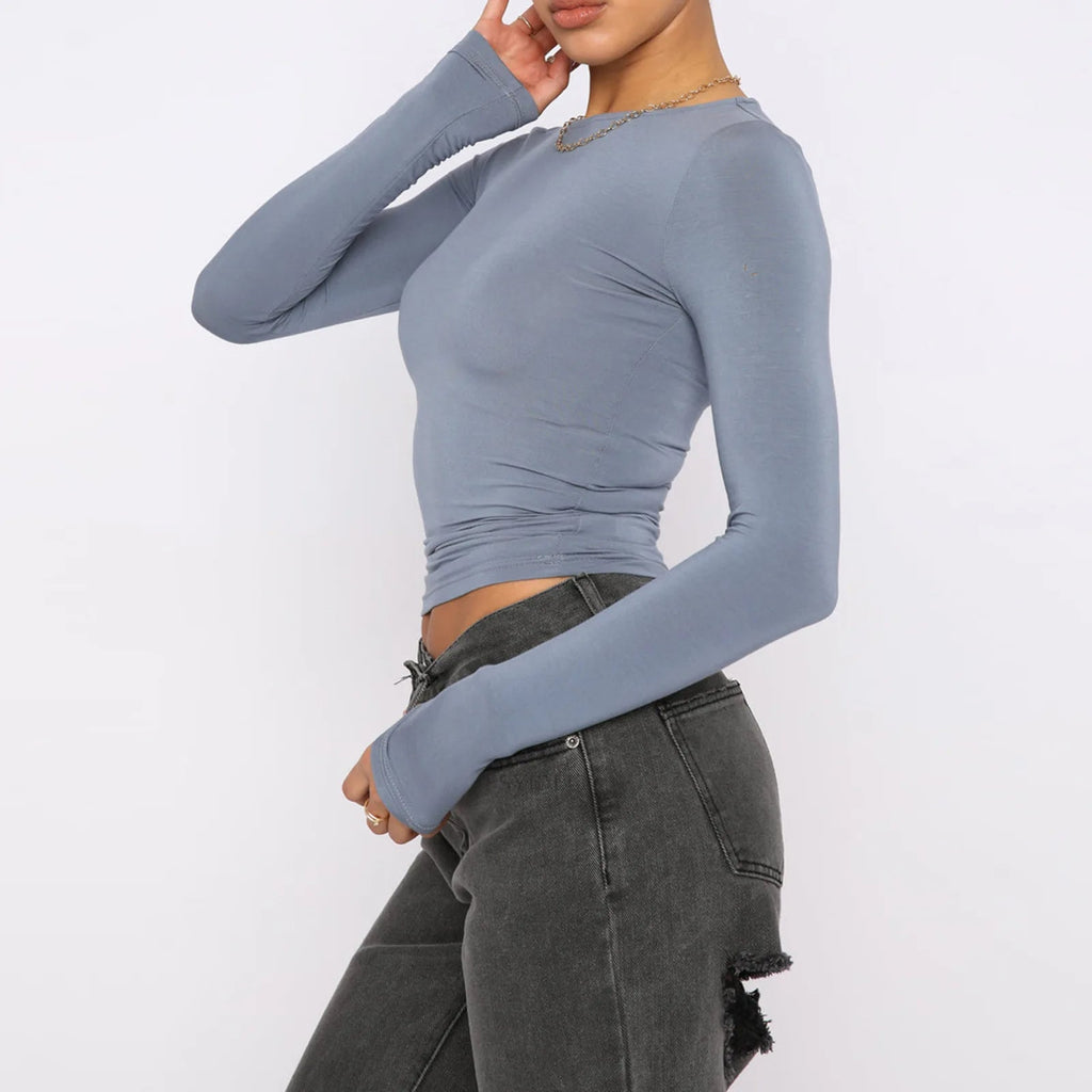 Women's slim fit long sleeve casual shirt from FitiqueFit, styled as a trendy crop top with a fitted silhouette.
