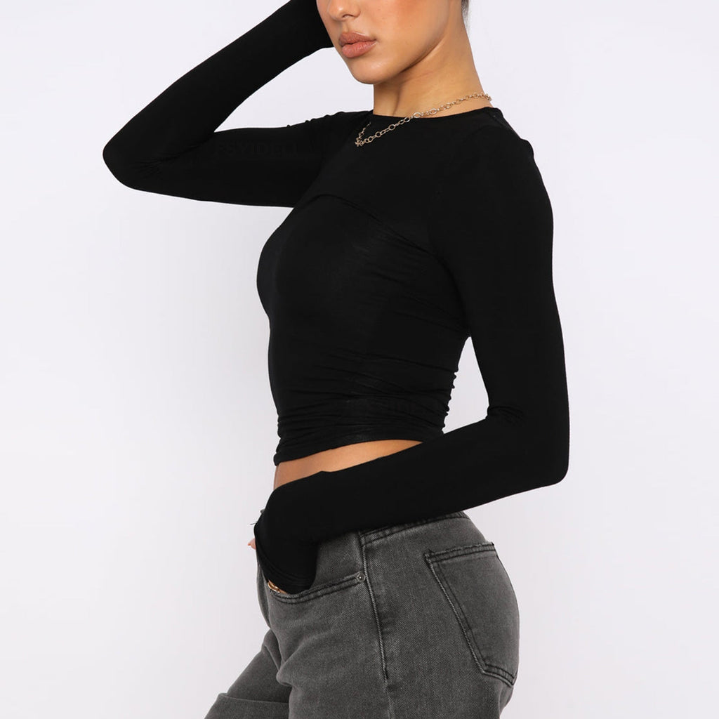 Women's slim-fit long sleeve casual crop top by FitiqueFit, shown in a stylish, fitted design perfect for casual wear.