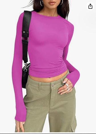 Women's slim fit long sleeve casual crop top by FitiqueFit, featuring a stylish and comfortable design for everyday wear.