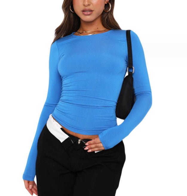Women's slim fit long sleeve casual shirt by FitiqueFit, stylish crop top with fitted design and comfortable fabric.