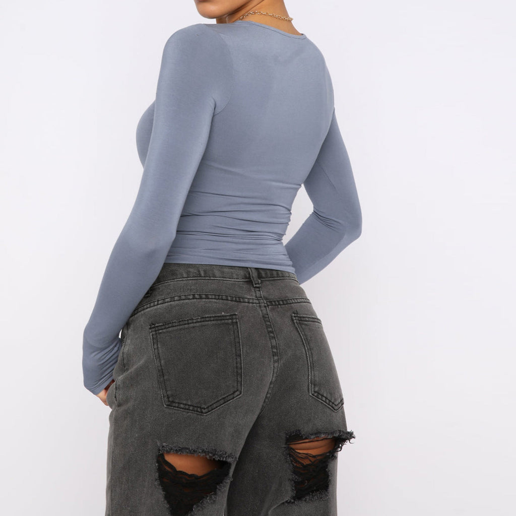 Women's slim-fit long sleeve casual shirt from FitiqueFit, featuring a cropped design and comfortable fit.