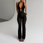 Slimming lace halter jumpsuit for women by FitiqueFit, casualwear with fitted design and stylish lace details.