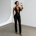 Slimming lace halter jumpsuit for women in casualwear style, featuring fitted design and elegant lace details by FitiqueFit.