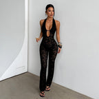 Slimming lace halter jumpsuit for women, casualwear by FitiqueFit, featuring a fitted silhouette and elegant lace details.