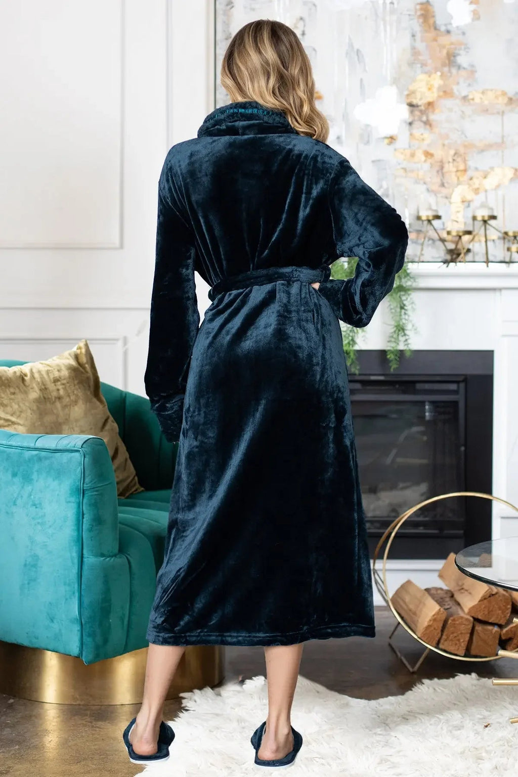 Women's ultra-soft plush bathrobe by Lotus Linen, showing cozy, plush fabric and comfortable fit in a relaxing lounge setting.
