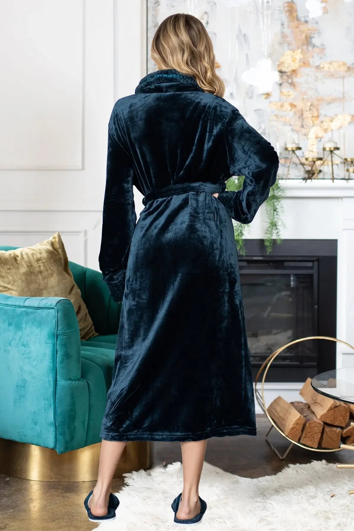 Women's ultra-soft plush bathrobe by Lotus Linen, showing cozy, plush fabric and comfortable fit in a relaxing lounge setting.