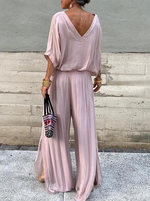Solid-color chiffon two-piece casualwear set by FitiqueFit in various colors, featuring a relaxed top and matching pants.