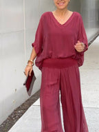 Solid-color chiffon two-piece casualwear set by FitiqueFit in multiple colors, featuring a relaxed fit for sizes S to 5XL.