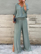 Solid-color chiffon two-piece casualwear set by FitiqueFit in various sizes, featuring a flowing top and matching pants.