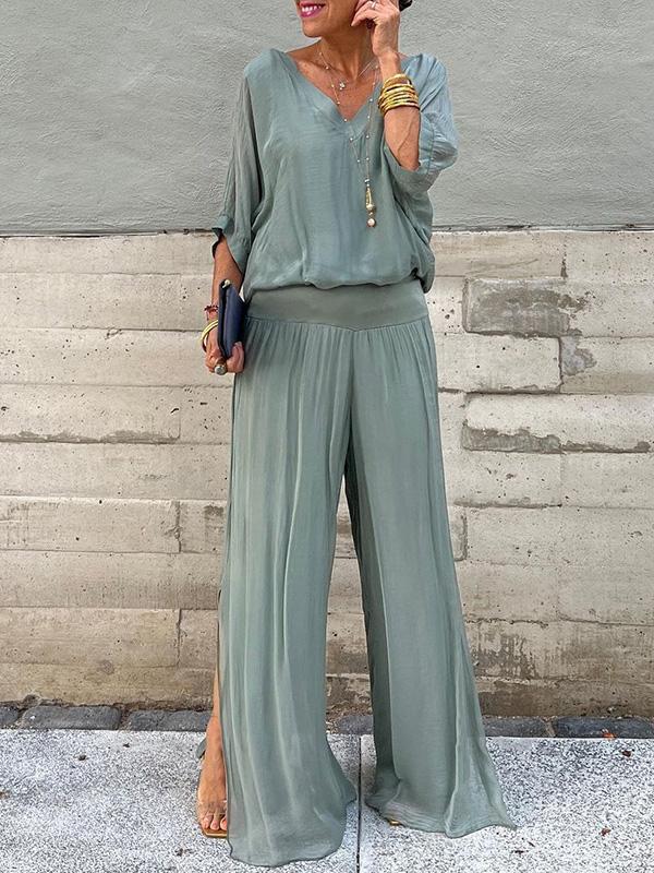 Solid-color chiffon two-piece casualwear set by FitiqueFit in various sizes, featuring a flowing top and matching pants.