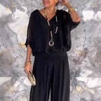 Solid-color chiffon two-piece casualwear set by FitiqueFit in various colors, featuring a relaxed fit and lightweight fabric.