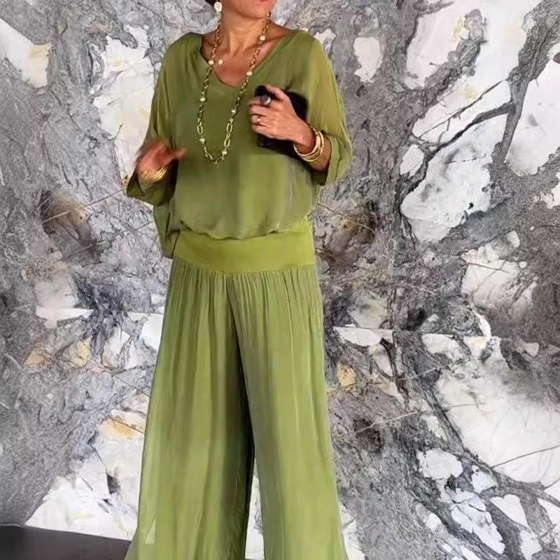 Solid-color chiffon two-piece casualwear set by FitiqueFit in multiple colors, featuring a relaxed fit and lightweight fabric.
