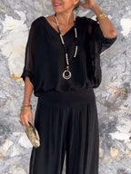Solid-color chiffon two-piece casualwear set in 10 colors, featuring a relaxed fit for sizes S to 5XL by FitiqueFit.