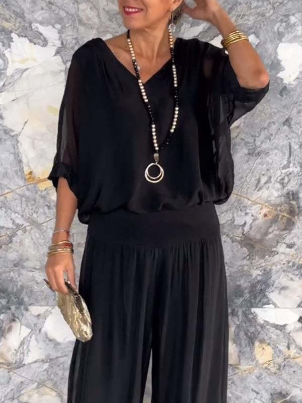 Solid-color chiffon two-piece casualwear set in 10 colors, featuring a relaxed fit for sizes S to 5XL by FitiqueFit.
