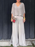 Solid-color chiffon two-piece casualwear set by FitiqueFit in multiple colors, featuring lightweight fabric and comfortable fit.