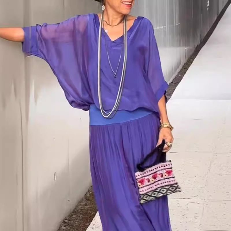 Solid-color chiffon two-piece casualwear set in various colors by FitiqueFit, featuring a relaxed fit for sizes S to 5XL.