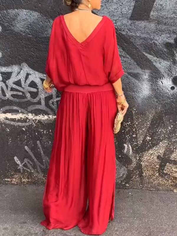 Solid-color chiffon two-piece casualwear set by FitiqueFit in multiple colors, featuring a relaxed fit and lightweight fabric.