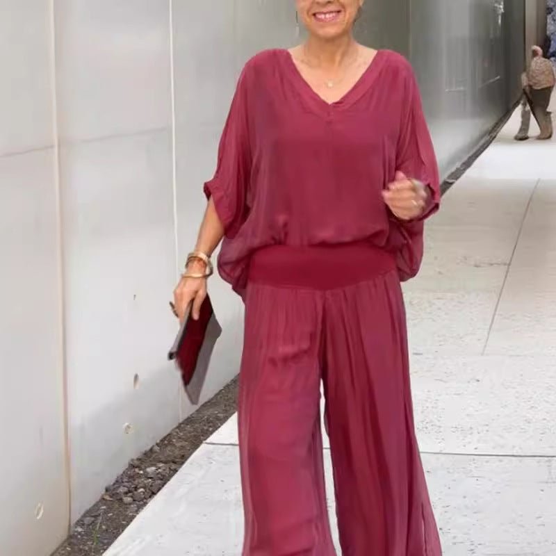 Solid-color chiffon two-piece casualwear set by FitiqueFit in multiple colors, featuring a relaxed fit for all sizes S to 5XL.