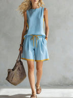 Solid color casual vest and shorts set by FitiqueFit, featuring a loose fit and comfortable design for everyday wear.