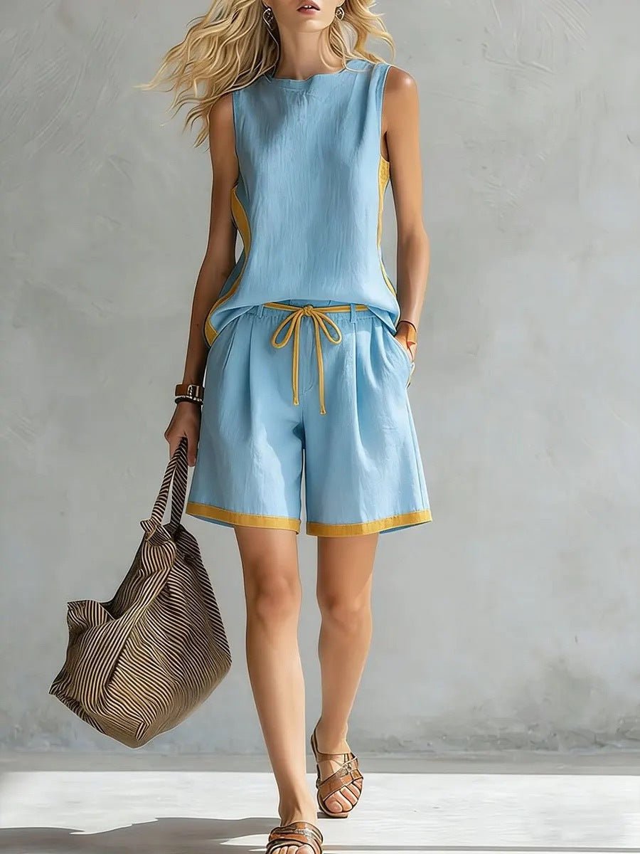 Solid color casual vest and shorts set by FitiqueFit, featuring a loose fit and comfortable design for everyday wear.