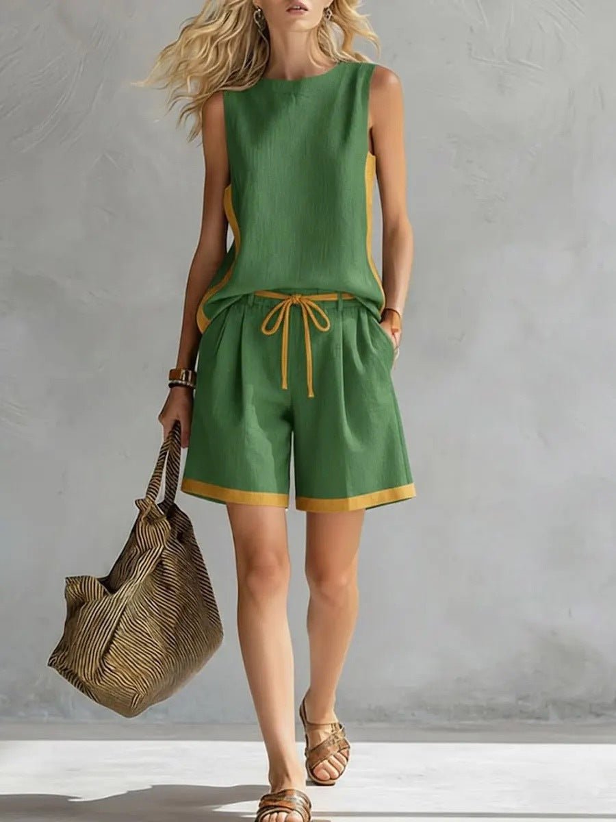 Solid color loose casual vest and shorts set from FitiqueFit, perfect for comfortable everyday wear.