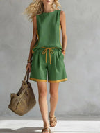 Solid color loose casual vest and shorts set from FitiqueFit, perfect for comfortable everyday wear.