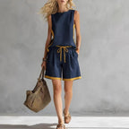 FitiqueFit solid-color loose casual vest and shorts set, featuring a comfortable and relaxed design for everyday wear.