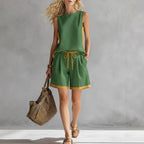 Solid color loose casual vest and shorts set by FitiqueFit, featuring comfortable, relaxed fit for everyday wear.