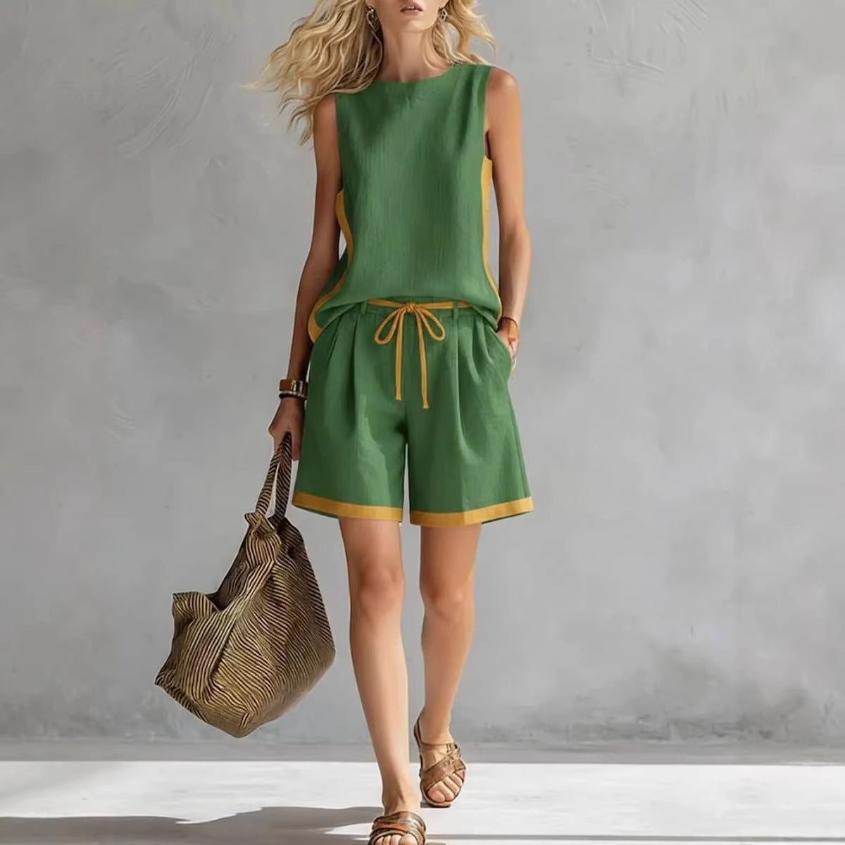 Solid color loose casual vest and shorts set by FitiqueFit, featuring comfortable, relaxed fit for everyday wear.