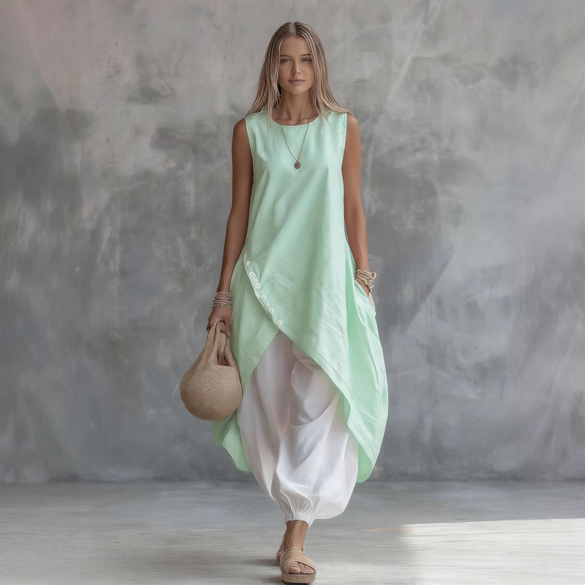 Light blue sleeveless loose-fit casual dress with patch pockets by FitiqueFit, perfect for relaxed everyday wear.