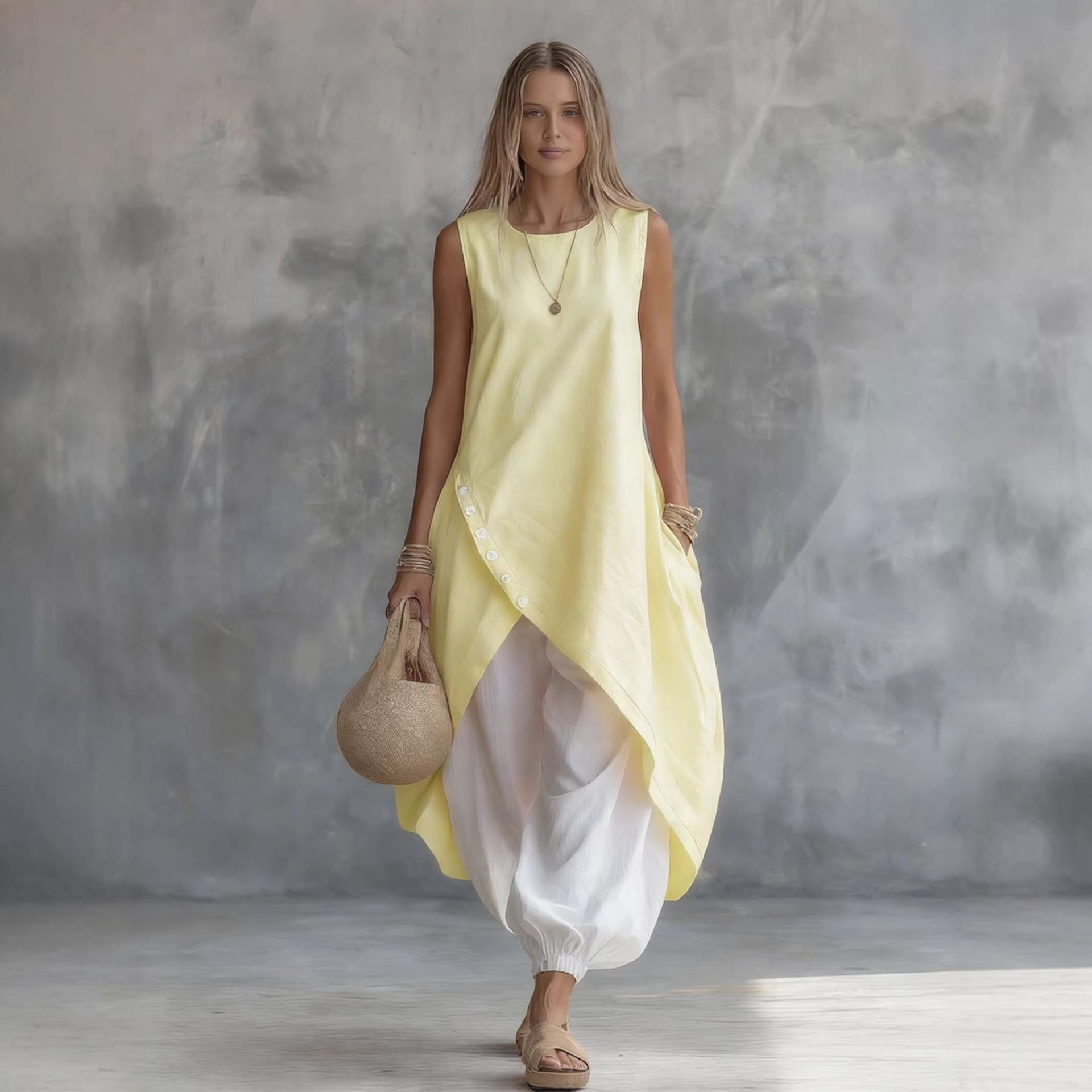 Light blue sleeveless loose-fit casual dress with patch pockets by FitiqueFit, perfect for warm weather and relaxed styling.