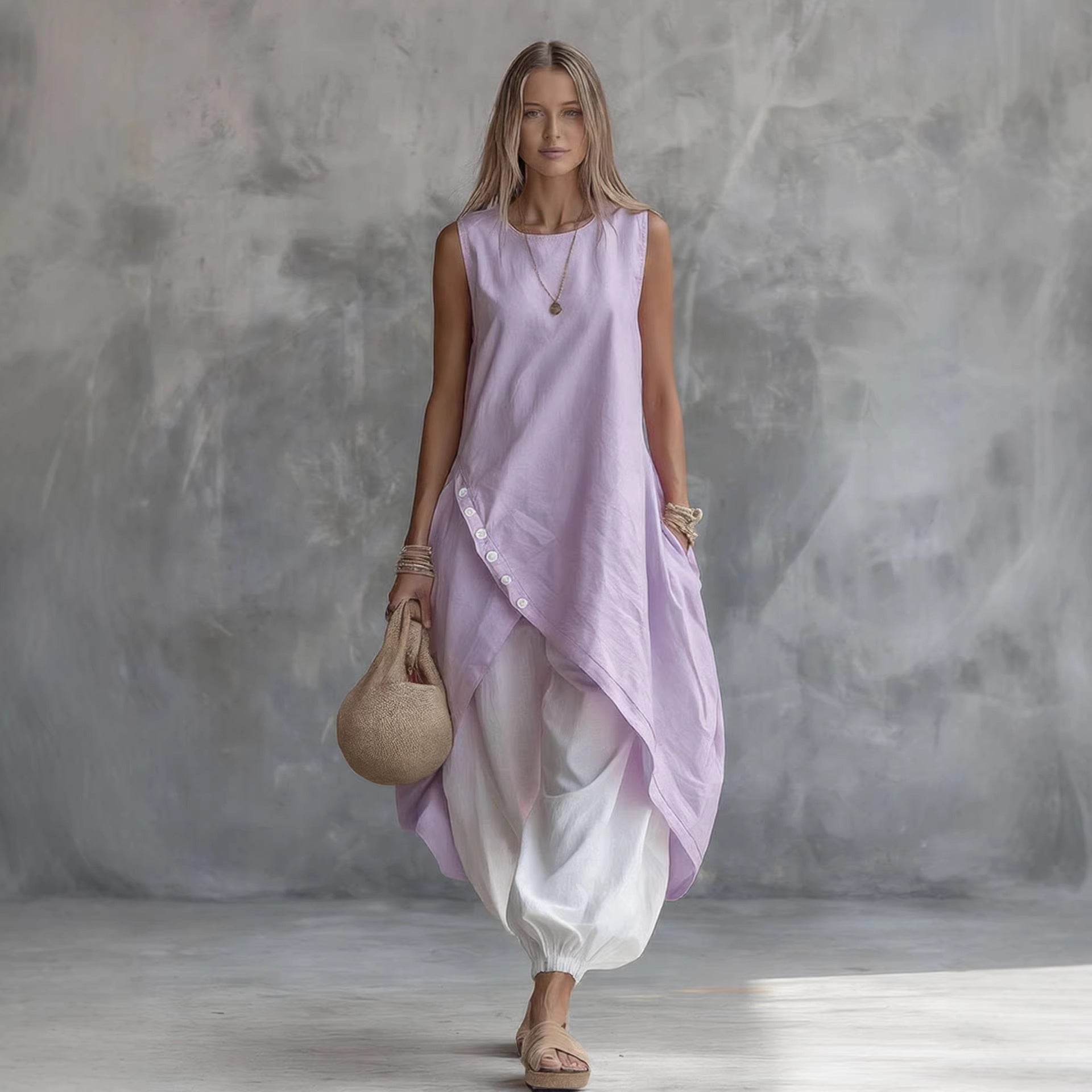 Solid-color sleeveless loose-fit dress with patch pockets by FitiqueFit, casualwear perfect for relaxed, stylish everyday wear.