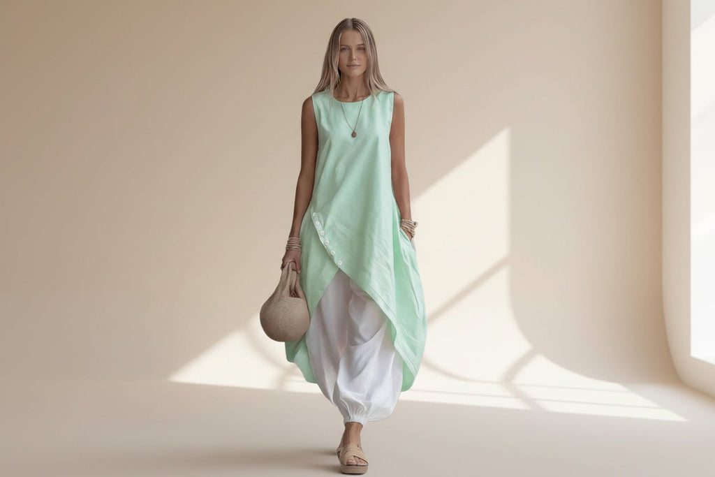 FitiqueFit solid-color sleeveless loose-fit casual dress with patch pockets, perfect for relaxed, comfortable style.