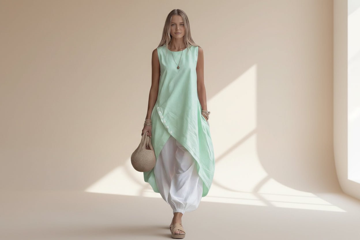 FitiqueFit solid-color sleeveless loose-fit casual dress with patch pockets, perfect for relaxed, comfortable style.