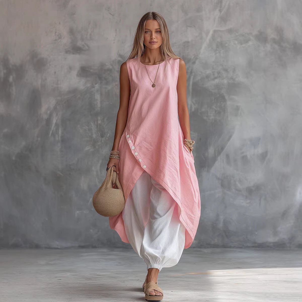 Light blue sleeveless loose-fit casual dress with patch pockets from FitiqueFit, perfect for relaxed, everyday wear.