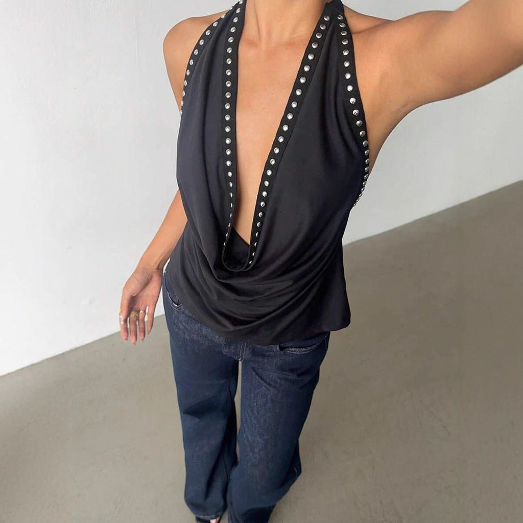 Solid-color women's top with stud embellishments, fashionable and sexy women's clothing by LadyShow.Store.