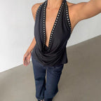 Solid-color women's top with stud embellishments, fashionable and sexy women's clothing by LadyShow.Store.