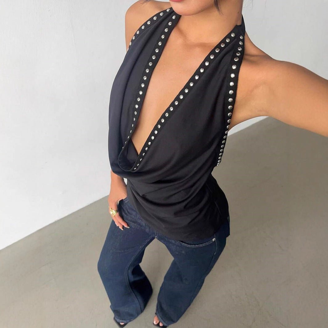 Solid-color women's top with stud accents, stylish and sexy, featuring a fitted design perfect for trendy casual wear.