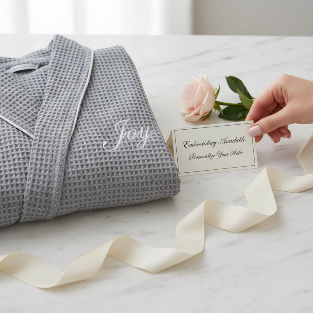 Lightweight women’s waffle piping bathrobe by Lotus Linen, spa-style comfort with soft, cozy fabric and relaxed fit.