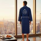 Luxurious men's waffle piping robe by Lotus Linen, featuring a soft, textured fabric and classic design for relaxation and comfort.
