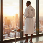 Luxurious Lotus Linen men's waffle piping robe with a soft, textured fabric and a classic shawl collar, perfect for spa or lounging.