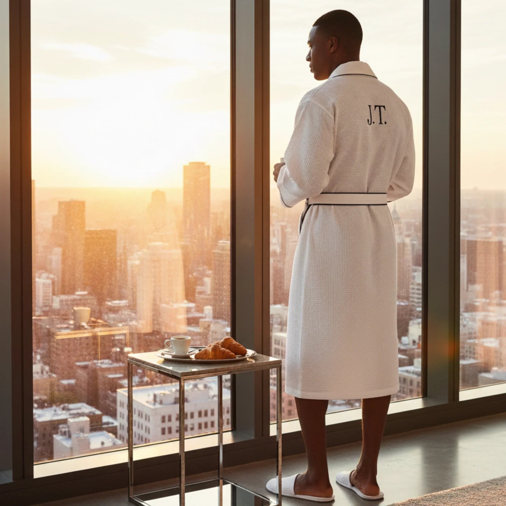 Luxurious Lotus Linen men's waffle piping robe with a soft, textured fabric and a classic shawl collar, perfect for spa or lounging.